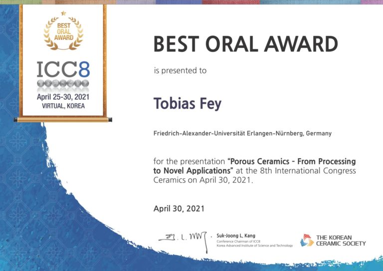 Dr. Tobias Fey was awarded for Best Oral Presentation at the ICC8