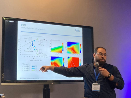 Project H: Ahmed Gadelmawla's talk on the topic: "Stress-Temperature Phase Diagram of Lead-Free (1-x)Ba(Zr0.2Ti0.8)O3-x(Ba0.7Ca0.3)TiO3" presented the effect of the mechanical stress on the macroscopic properties and the phase boundaries of BCZT.